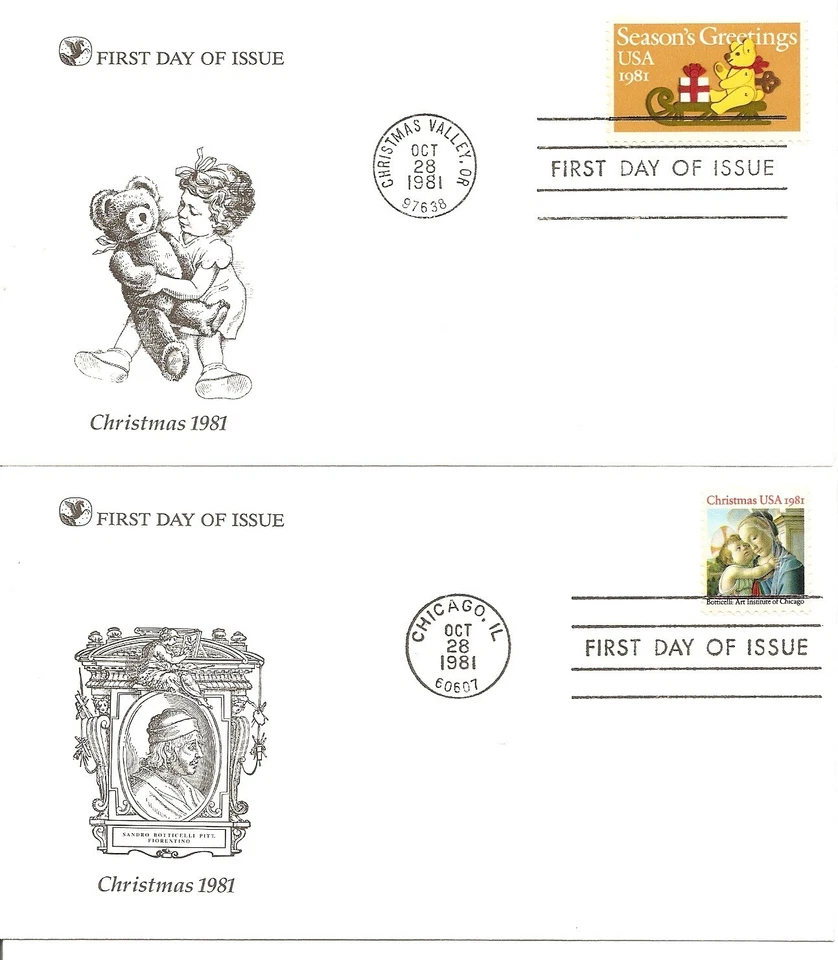 US SC # 1939-1940 Christmas 1981 (Madonna,Teddy Bear) FDC. Readers Digest Cachet - Image 1 of 1