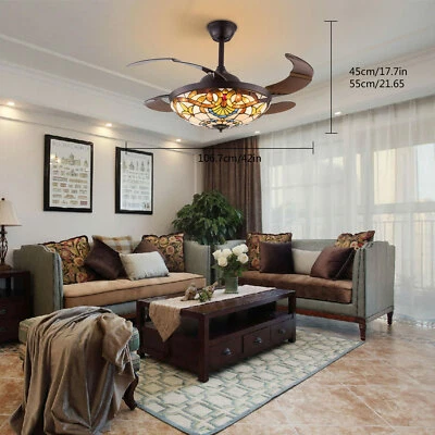 Tiffany Style Ceiling Fan Light Glass Shade Retractable Lamp Chandelier Stained - Image 1 of 4
