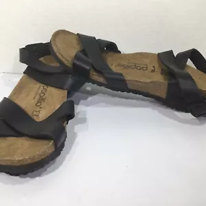 Papillio Womens Size 7 EU 38 Narrow Lola Black Leather Wedge Sandals Y23-1393 - Picture 1 of 10