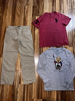 Polo Ralph Lauren Boys 12 Bear Khaki Chino Pants Red Big Pony Shirt Gray Long - Image 1 of 4