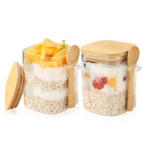 2 Pack Overnight Oats Containers with Bamboo Lids 17oz Glass jars Airtight Wide - Picture 1 of 7