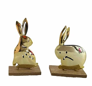 Target Bullseye Playground Easter Small Gold Metal Bunny Rabbits On Wood Base 2 - Picture 1 of 6