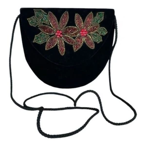 Borsa a tracolla Poinsettia vintage in velluto nero con perline Y2K festa Natale - Foto 1 di 16