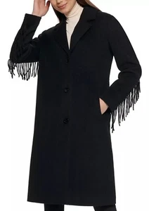 Abrigo de mujer KENNETH COLE de un solo pecho mezcla de lana flecos negro talla M nuevo con etiquetas - Imagen 1 de 12