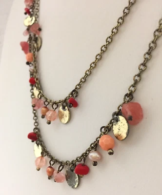 Lia Sophia Necklace 48" GoldTone Orange Pink Beads Metal Discs Pink Earrings Set - Image 1 of 4