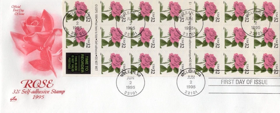 1995 #2492a 32c PINK ROSE PANE OF 20 ON OVERSIZE FDC ART CRAFT CACHET UA GEM! - Image 1 of 1