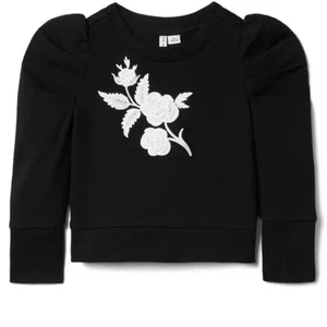 NWT Janie and Jack Black Sweatshirt Top w/White Applique Flowers Girls Size 6 - Picture 1 of 11