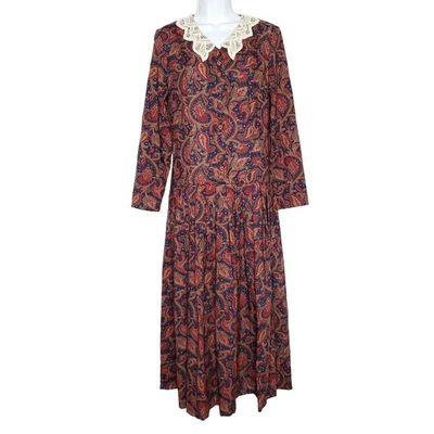 Vestido Vintage Laura Ashley 10 Rojo Azul Floral Cachemira Cintura Caída Granny Core Foto 1 de 4