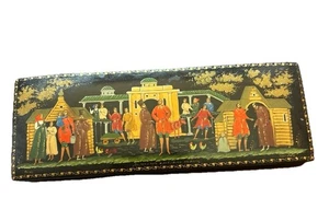 Russian Black Lacquer Trinket Box Hand Painted Folk Scene Artist Signed 6+”x 2+” - Picture 1 of 7