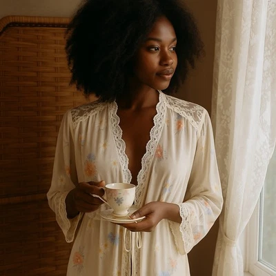 Vintage Gilead Floral Lace Nylon Robe Medium 70s Peignoir Cottagecore Nightgown - Image 1 of 4