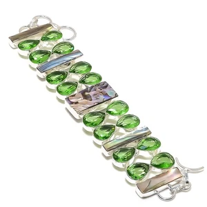 Bracelet Abalone Shell, Peridot Gemstone Handmade 925 Sterling Silver 7-8" Q568 - Picture 1 of 2