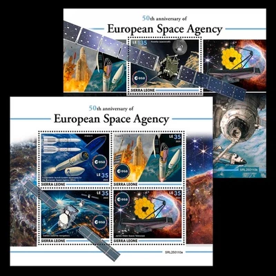 Estampillas MNH del 50 aniversario de la Agencia Espacial Europea 2025 Sierra Leona M/S + S/S Foto 1 de 3