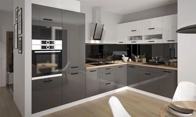 L-Form Küchenzeile ESSEN TREND 336x225cm perlweiß Front weiß graphit Hochglanz - Bild 1 von 4