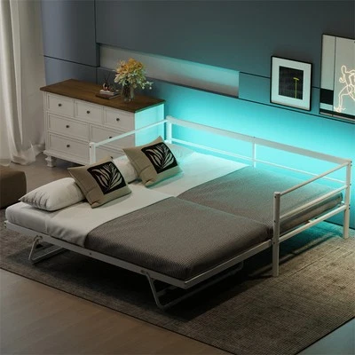 Sofá cama de metal tamaño doble con LED y nido ajustable, nido emergente, blanco Foto 1 de 4