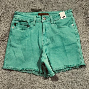 Judy Blue Fray Hem Shorts Women's Small 26x3 Aquamarine Green Denim NWT - Picture 1 of 13