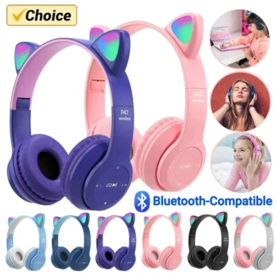 Wireless Bluetooth 5.0 Headset Cat Rabbit Ear LED Headphone w/Mic For Any Phone