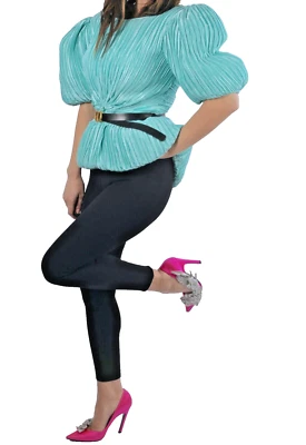 Blusa Hecha a Mano Peplum Manga Corta Puff Gran Tamaño Plisada Turquesa De Colección M Foto 1 de 4