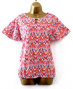 BONMARCHE Tunic Blouse Top Sz 18 Red Blue Geo Print Smart Casual Summer Wear - Picture 1 of 12