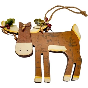 Decorazione natalizia alce in legno primitiva arte popolare luci corna di agrifoglio 4x4,5" - Foto 1 di 11