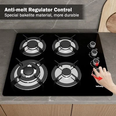 60cm Black 4 Burner Gas On Glass Kitchen Hob With Cast Iron Pan Stands 7800 W - Image 1 of 4