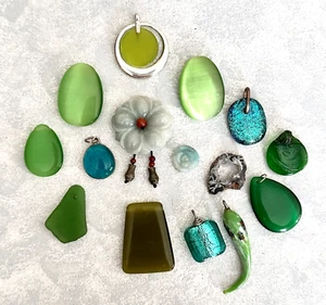 Green and Aqua Glass Pendants for Crafts or Necklaces Lot of 15 Vintage - Picture 1 of 7