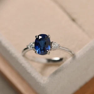 1.70 Ct Oval Cut Real Sapphire & Diamond Engagement Ring 14K Solid White Gold - Picture 1 of 11