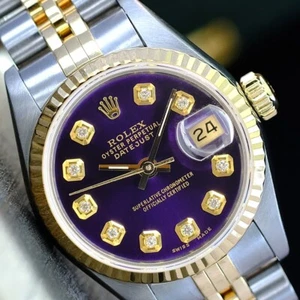 Rolex Datejust 69173Ladies Two Tone 26mm Purple Diamond Dial Fluted Bezel Watch  - Picture 1 of 18