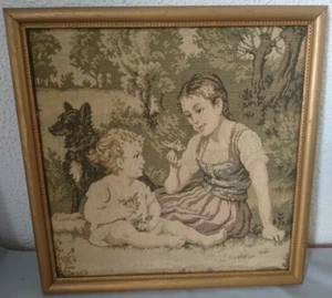 ANCIENNE BELLE TAPISSERIE 2 ENFANTS AVEC CHIEN style: AUBUSSON fin 19 siècles - Photo 1/3