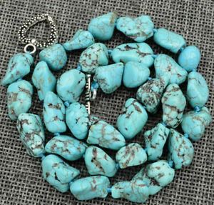 Natural 10-12mm Blue Turquoise Gemstone Chunk beads Necklace Tibetan Silver 18"