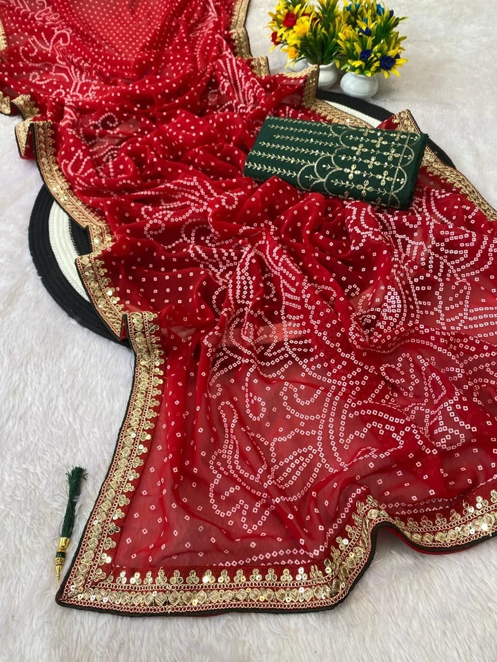 Sari Premium Georgette Bandhani con borde bordado de lentejuelas pesadas Foto 1 de 1
