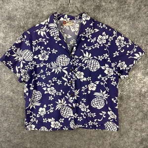 HIlo Hattie Womens Top Large Hawaiian Button Crop Top Hibiscus Floral - Picture 1 of 11