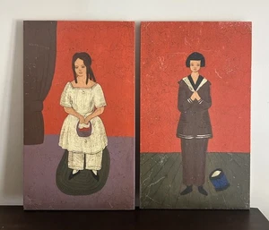 Vintage MCM Howard starke bemalte Holzplatten Junge & Mädchen Volkskunst Stil ~ wie abgebildet - Bild 1 von 11