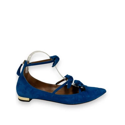 AQUAZZURA Blue Suede Bow Strappy St Tropez Point Toe Flats Size 38 US 8 - Image 1 of 4