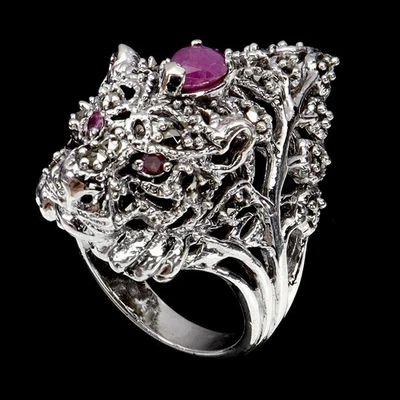 Anillo de plata de ley 925 rubí pera 6x4 mm marcasita piedras preciosas joyería tigre talla 8 Foto 1 de 4