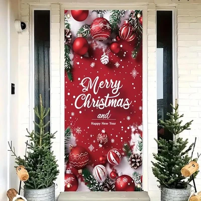 Banner de puerta Feliz Navidad 35X71 pulgadas rojo Navidad cubierta de puerta delantera con nieve Foto 1 de 4