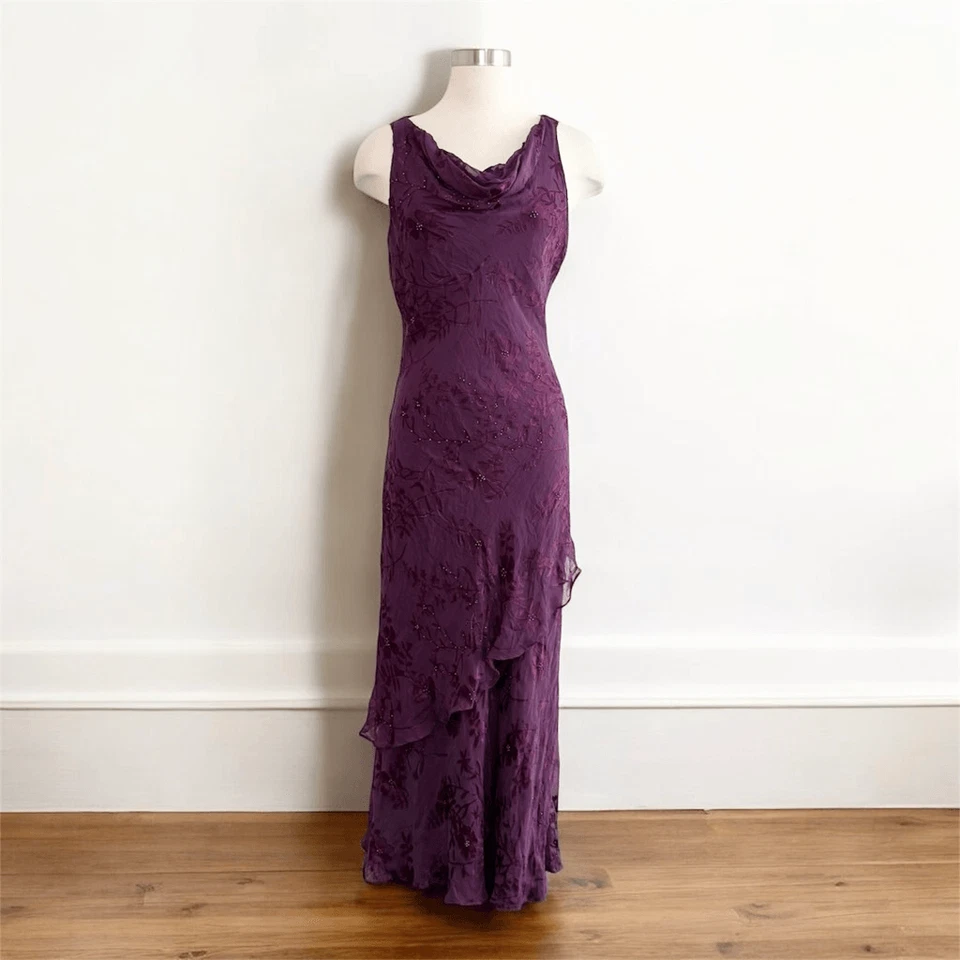 Maxi Vestido Vintage Spenser Jeremy Y2K Púrpura Floral Pequeño Drapeado Malla en Niveles Velpa Foto 1 de 4