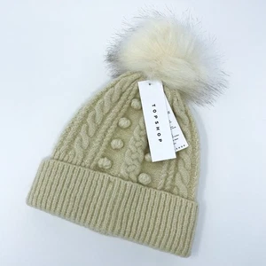 TOPSHOP Neutral Tan Pom Pom Cable Knit Beanie  - Picture 1 of 4