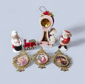 Vintage Christmas Lot Ornaments: Spaghetti Japan Santa/Mrs, Frames, Mouse, Train - Picture 1 of 12
