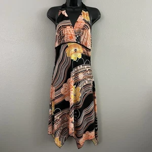 Vintage RAG 90s Y2K Neckholder Kleid Gr. S Blumen Midi Taschentuchsaum orange gelb - Bild 1 von 10