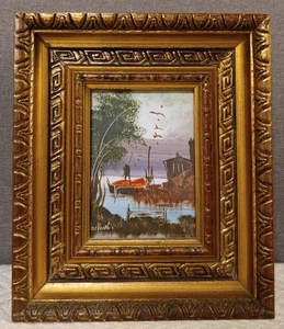 Antiguo Cuadro Pintado Al Óleo Firmado Marco De Madera Preciada Dorada - Imagen 1 de 8