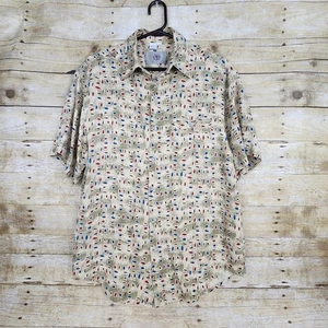 The Territory Ahead Silk Shirt Men Sz Med Tan Multicolor Geometric Button Up SS - Picture 1 of 12