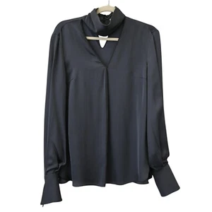 Brunello Cucinelli Blouse Medium Gray Long Sleeve Silk V Neck Keyhole Beaded Top - Picture 1 of 10