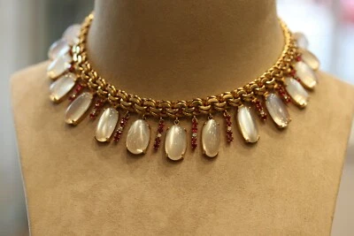 Collar Gargantilla Retro Piedra Lunar Rubí Diamante Oro Amarillo 14K Foto 1 de 4