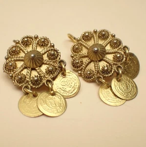 Pendientes colgantes vintage estilo moneda Bali oro 900 plata 1-1/8" 3,7 g - Imagen 1 de 7