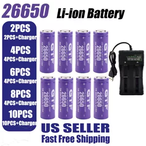 26650 Battery 3.7V Rechargeable Li-Ion Batteries LOT With 2 Slot Charger 2-10PCS - Picture 1 of 28