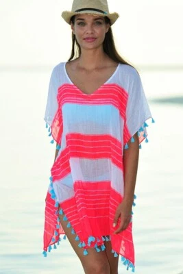 Seafolly Coastline Cable Kaftan en Rojo Caliente Natación Boho Encubrimiento Playa Piscina Talla Única Foto 1 de 4
