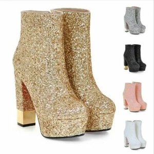 Women's High Thick Heels Booties Sequin Shiny Glitter Design Ankle Boots Cosplay - Picture 1 of 18