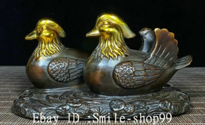 Estatua de hoja de loto de pájaro mandarín animal dorado bronce puro de China antigua de 5,7"" Foto 1 de 4