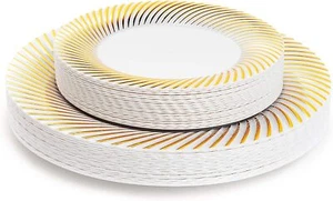 MATANA - 40 Premium Gold Rim Plastic Dinner & Dessert Plates - 2 Sizes - Picture 1 of 6