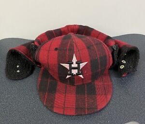 Houston Astros Hat Cap Size 7 3/4 Buffalo Plaid Flannel Trapper Winter Fitted